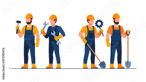 Builders' Collective: A group of skilled builders, each with their own essential tool, stand ready to tackle construction challenges.