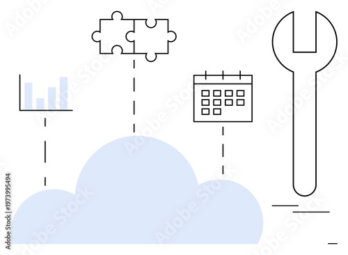 Cloud technology, workflow management, data organization, tech solutions, software tools, and analytics. Cloud with puzzle pieces, wrench chart and calendar. Cloud technology and workflow