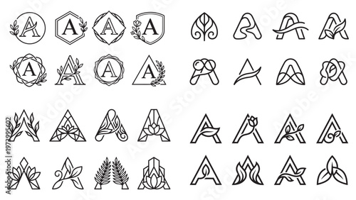 Alphabet A letter with floral and leaf decorative elements.