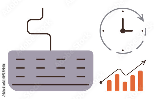 Business productivity, workplace efficiency, digital work, time management, analytics, growth strategy. Keyboard, clock and bar chart with an upward trend. Business productivity and time management