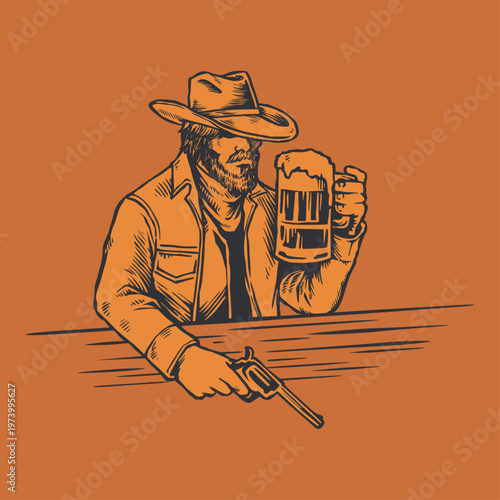 Hand Drawn Illustration of Bearded Cowboy at Saloon Bar with Beer and Gun