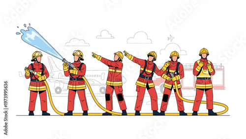 Heroes of Fire: A dedicated team of firefighters bravely faces the challenge, skillfully using water to extinguish a fire, representing courage and commitment.