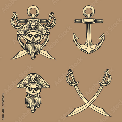 Hand Drawn Illustration Pirate and Nautical Symbols Set