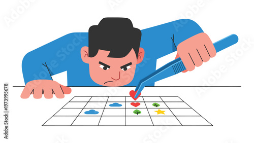 Intensely focused man uses tweezers to meticulously place a heart on a grid, symbolizing precision, strategy, and problem-solving.