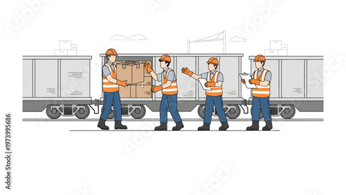 Logistics and Collaboration: A team of workers diligently load freight into a rail car. Collaboration, efficiency and precision are on display, as they engage in the vital work of transport.