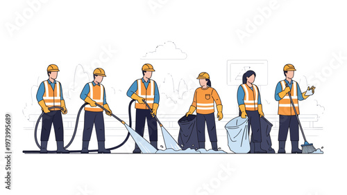 Street Maintenance Crew: A dedicated team of workers in safety gear diligently cleans and maintains a city street, showcasing their commitment to public health and urban upkeep.