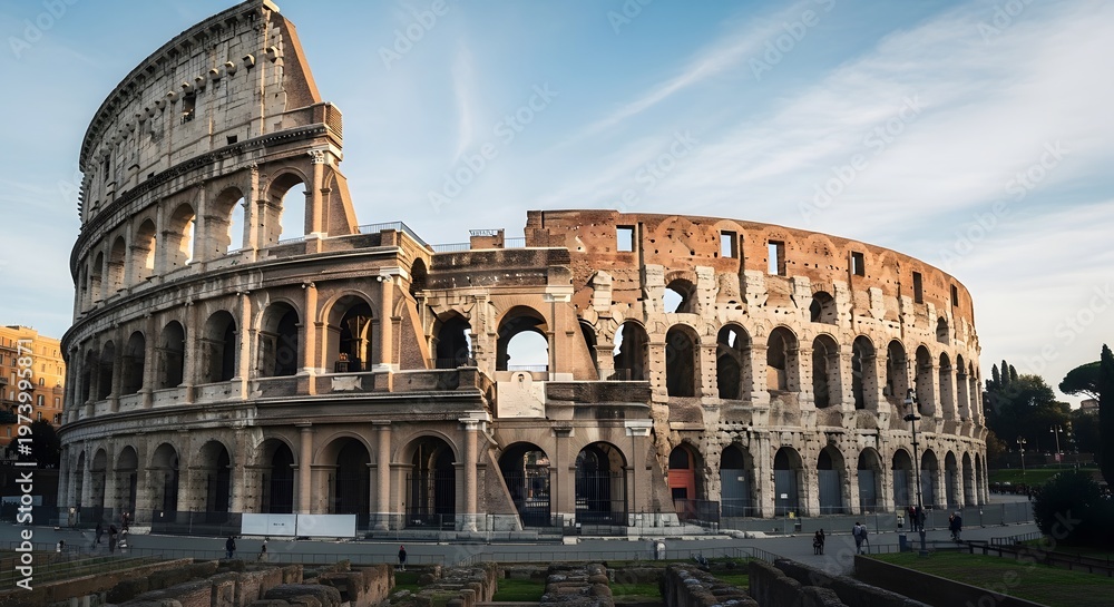 Obraz premium Ancient Colosseum ruins under a clear blue sky in Rome Italy