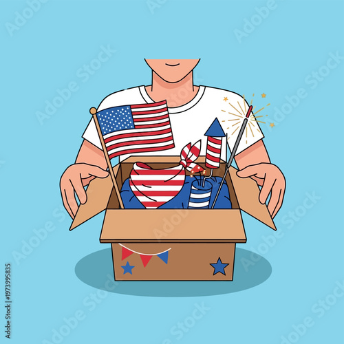 Joyful individual presents a vibrant collection of patriotic celebration essentials in a box, ready for a fun-filled national holiday and spirited summer event