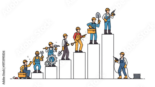 Construction Workers' Career Path: This illustration showcases the various stages of career progression for construction workers, highlighting their skills, tools.