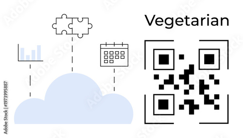 Technology tools, cloud storage, data management, connectivity, QR code solutions, digital organization. QR code and icons for data and task management. Technology tools and cloud storage concepts