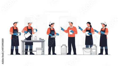 Factory Team at Work: A team of skilled factory workers diligently engaged in their tasks, each with focus, in a clean, modern facility, signifying expertise and teamwork.