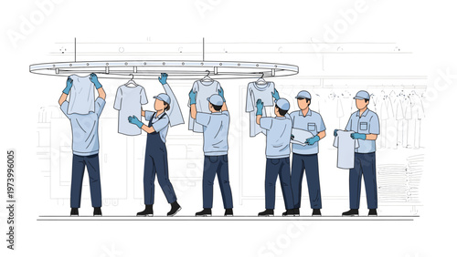 Laundromat Workers Handling Clothes: A group of professional laundromat workers are meticulously organizing freshly cleaned apparel, demonstrating efficiency and commitment in maintaining clothing.
