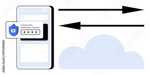 Data security, cloud storage, data sharing, cybersecurity, encryption, privacy protection. Mobile device displaying security lock with password, arrows connecting to a cloud. Data security and cloud