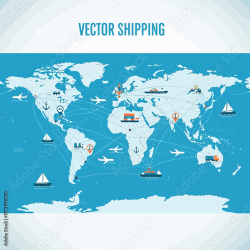 Global logistics and transportation network illustration on a world map, showcasing interconnected shipping routes and various vehicle icons for efficient international delivery
