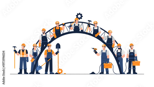 Teamwork of Construction Workers: A harmonious ensemble of construction workers collaborates to form an arch, symbolizing the unity of building and the strength found in collective effort.