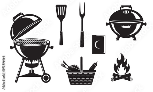  Set of black barbecue grill icons with picnic basket and cooking tools for outdoor events

