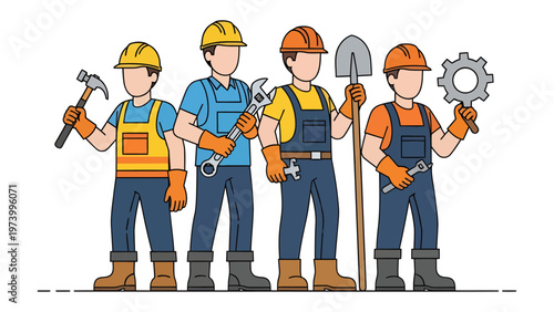 Team of Professionals with Instruments: Illustration of a group of construction workers, each holding a different tool, ready to execute construction tasks