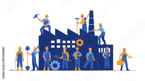 Industrial Team at Work: A team of dedicated workers collaboratively build a factory, their unified efforts showcasing industrial prowess and innovation.