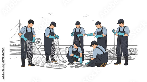 Preparing the catch: A team of fishermen meticulously preparing their nets, ready to embark on a day of fishing, embodying the spirit of collaboration, hard work, and the livelihood of the sea. 