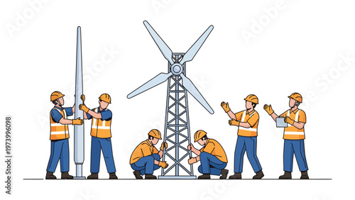 Building a Sustainable Future: A group of skilled workers collaborate on the construction of a towering wind turbine, representing the power of teamwork and the promise of a greener world.