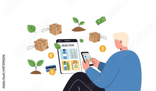 Eco Friendly Mobile Online Shopping Sustainable Business Vector Illustration