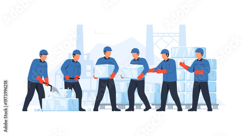 Cooling Crew: A team of diligent workers meticulously handling large blocks of ice in a chilly industrial setting, showcasing their dedication and teamwork.