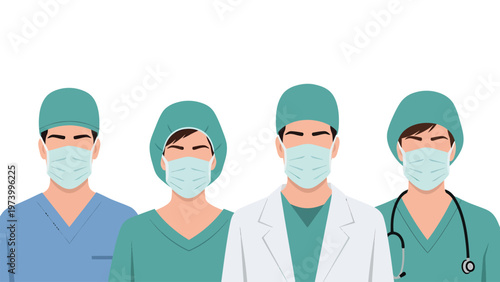 Healthcare Team Wearing Surgical Masks and Scrubs. Medical Professionals, Doctors, Nurses, and Surgeons in Protective Gear.