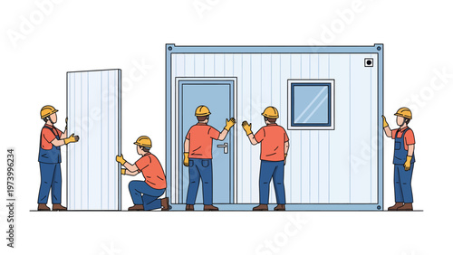 Construction Worker Team Assembling Mobile Office