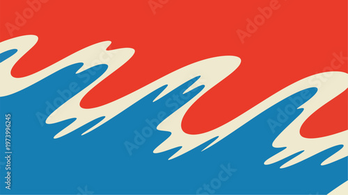 Abstract with wavy blue and red stripes on a solid red background texture pattern