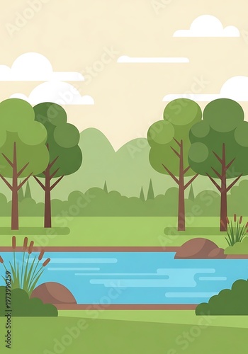 Serene park landscape illustration with pond and trees on bright day