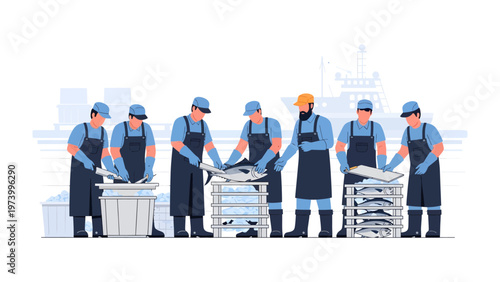 Artisan Fish Processing: A team of skilled workers meticulously processes fresh fish within a modern facility, focusing on precision, hygiene, and the production of quality seafood.