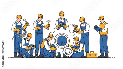 Team of Technicians in Coordination: A meticulously illustrated team of technicians, each focused on their specific tasks, collaborates around a central gear, symbolizing teamwork, precision.