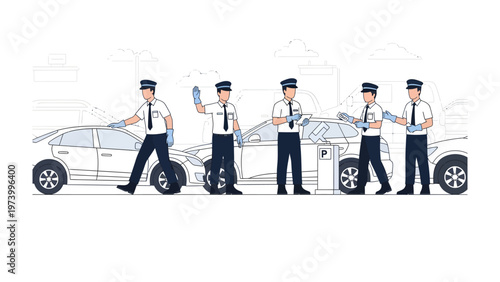 Traffic Accident Investigation: A team of law enforcement officers meticulously examine the scene of a vehicular collision, conducting a thorough investigation to ascertain the facts. 
