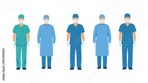 Medical Professionals in Scrubs and Surgical Gowns with Masks and Gloves. Healthcare Staff Uniforms and PPE. Vector Illustration.