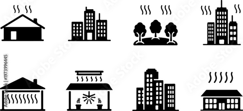 Black Silhouette Icon Set of Heating Systems and Energy Efficient Building Insulation Representing Thermal Comfort Climate Control Ventilation 
