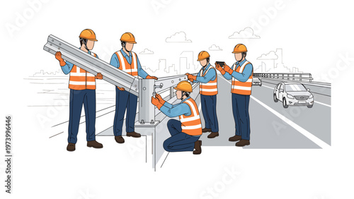 Highway Construction: A team of construction workers is diligently installing a highway guardrail, ensuring safety on the road.  