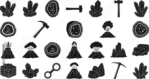 Black Silhouette Geology Icons Set Featuring Volcanic Eruptions Crystal Formations Geode Slices Mining Hammers Rock Layers And Mineral Stones Isolated On White Background Asset