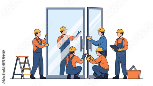 Fotografi Construction Crew: A dedicated construction crew collaborates to install large glass doors