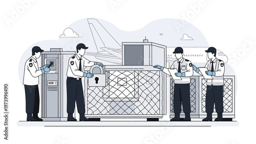 Security and Transport: A meticulous team of security personnel inspects and secures cargo at an airport. Every detail is crucial, ensuring safe transportation.