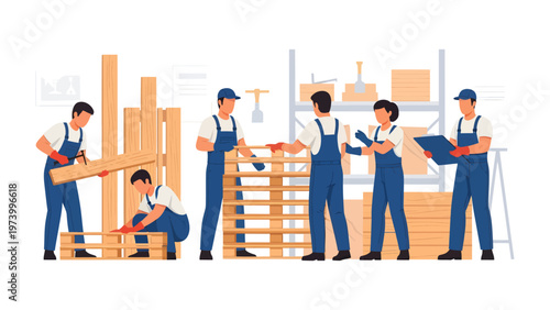 Industrial Assembly: A diligent team of skilled craftspeople collaboratively assemble wooden pallets within a well-organized factory setting, symbolizing industry and craftsmanship.