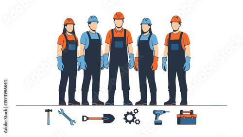 Engineering Team: A united team of engineers, with their tools arranged below, stands ready to tackle any challenge, embodying the spirit of collaboration, innovation, and expertise.