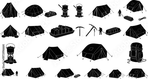 Black silhouette vector icons of winter camping gear featuring mountain tents ice axes hiking backpacks outdoor stoves and expedition sleds for arctic survival 