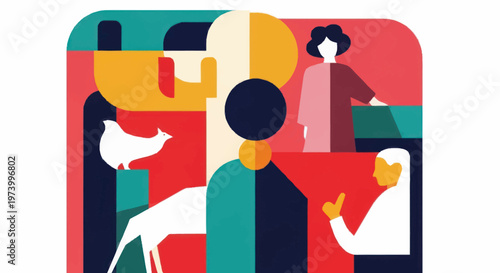 People interacting in colorful abstract scene.