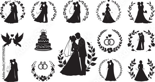 Wedding icons and silhouettes for romantic celebrations and love