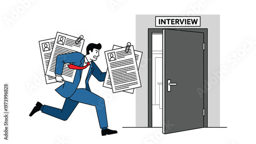 Job seeker with stack of resumes rushing towards interview door, career opportunity concept illustration