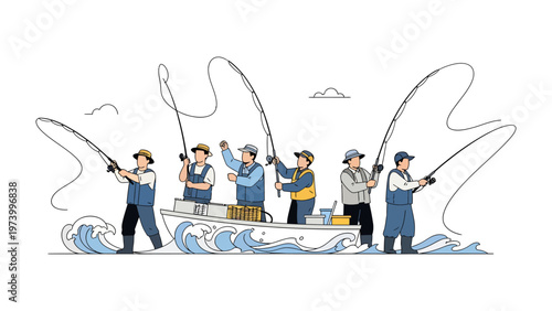 Angler's Expedition: A group of seasoned fishermen embark on a coastal expedition, united in their pursuit of aquatic treasures, casting their lines into the ocean's depths.