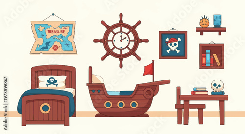 Brown Wooden Toy Pirate Ship Boat.