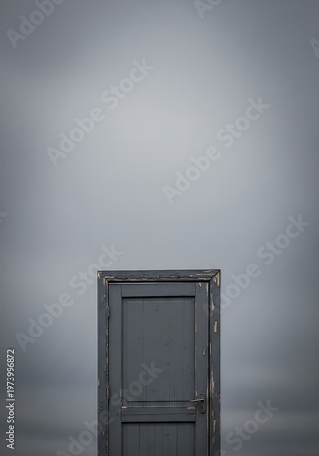 Weathered grey door against a hazy monochromatic sky background