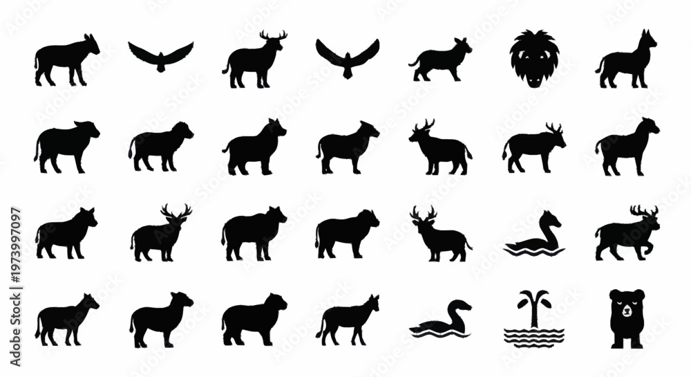 Fototapeta premium Black animal silhouettes on white background.