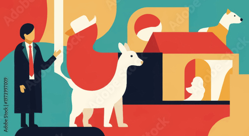 Man in business suit with dogs.